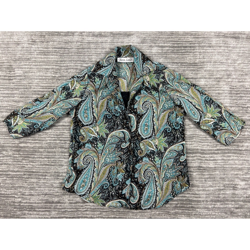 Gloria‎ Lance Blouse Womens Small Teal Paisley 3/4 Sleeve Button Front 10428D